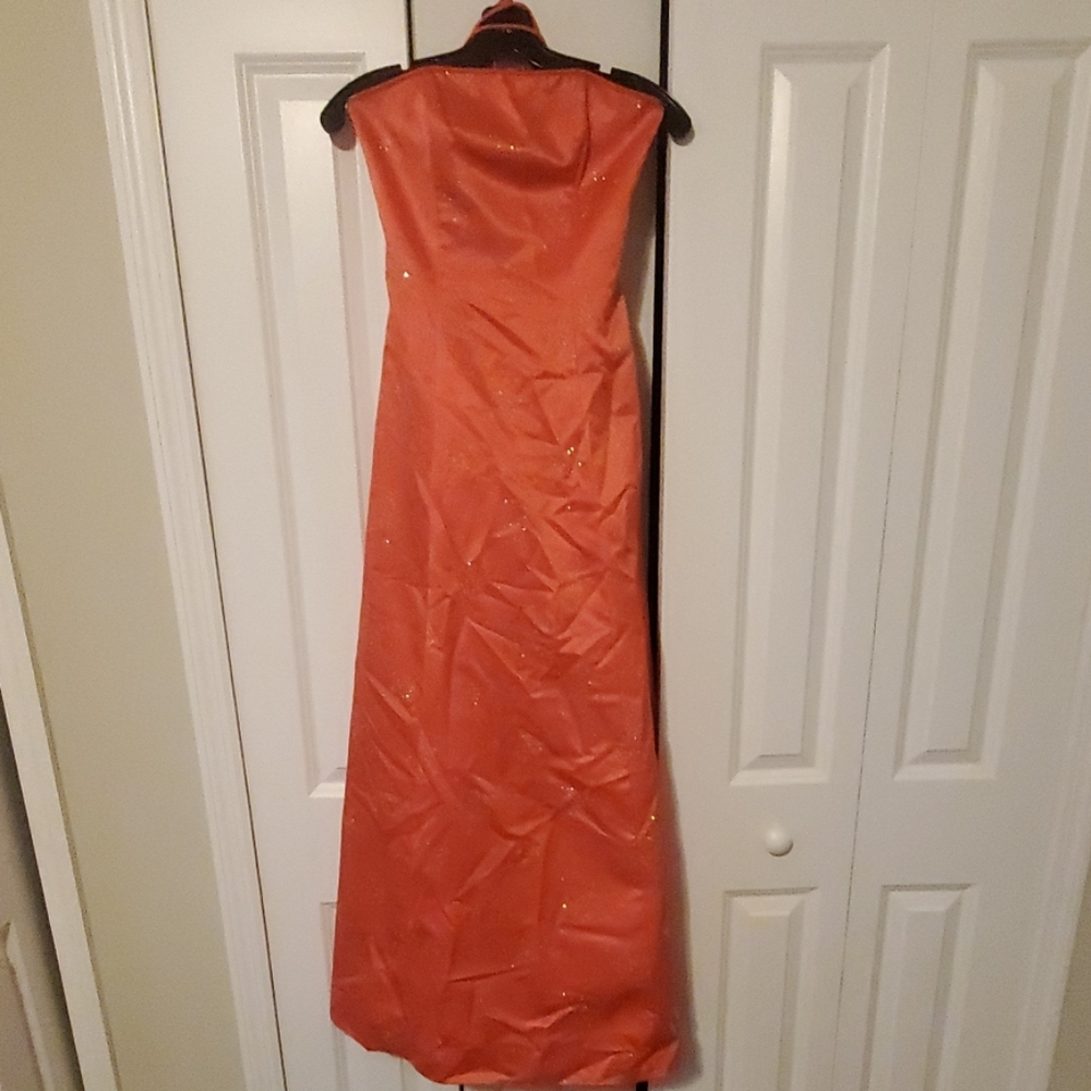 Strapless sparkly orange formal dress